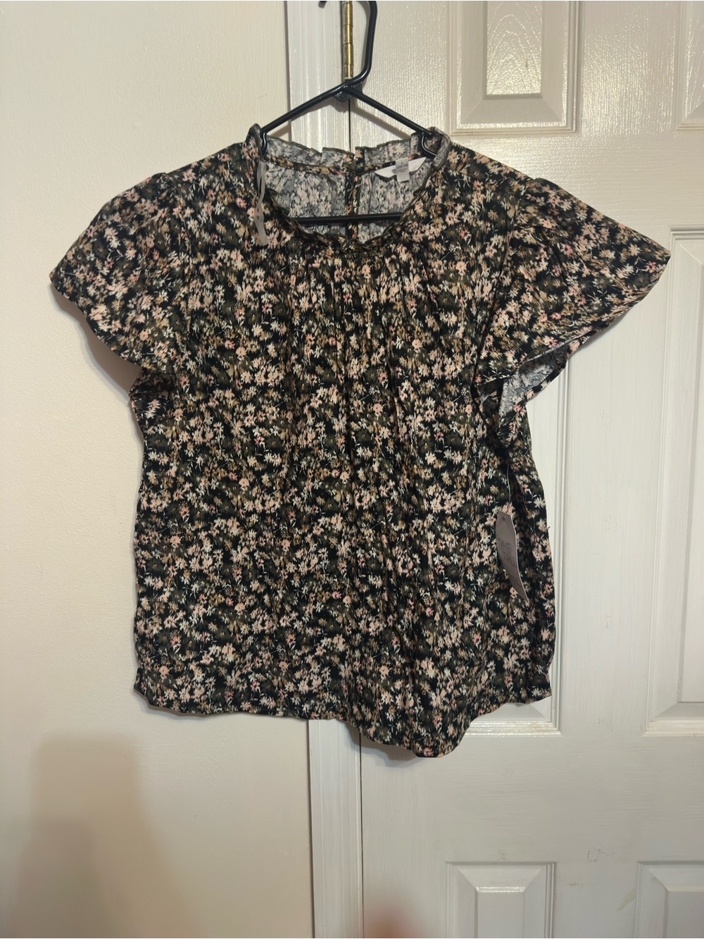 Time and Tru Black Floral Ruffle Sleeve Blouse with Pink Accents